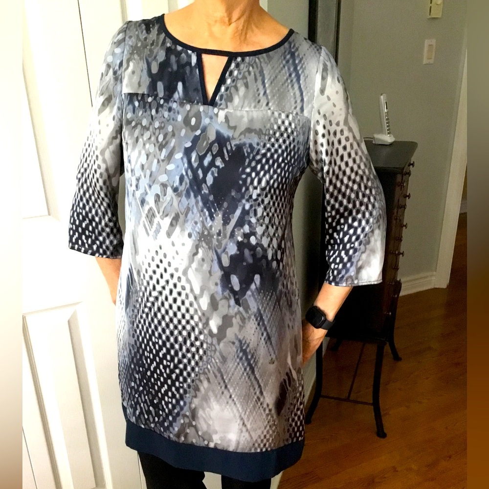 Lauren Vidal dress, print shades of blue, silky appearance